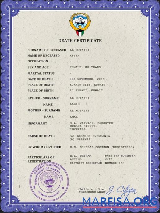 Blank Kuwait vital record death certificate PSD template